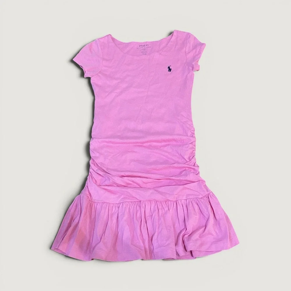 Girls Kids Polo Ralph Lauren Pink T Shirt Dress Ruffle Skirt Size 6 Pima Cotton